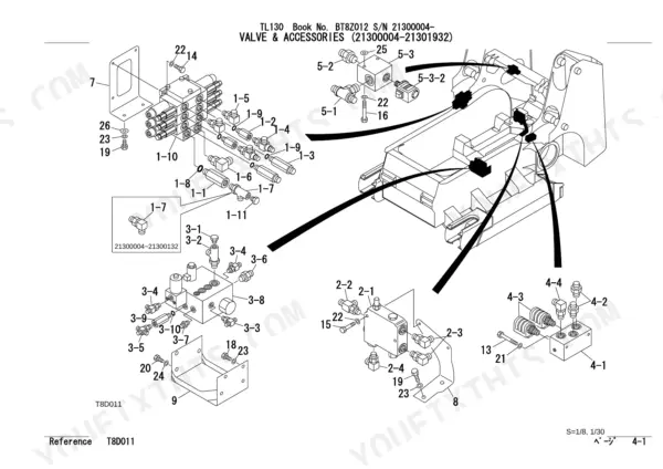 Takeuchi TL130 exploded view of hydraulic valves, fittings, and accessories with numbered component parts list.