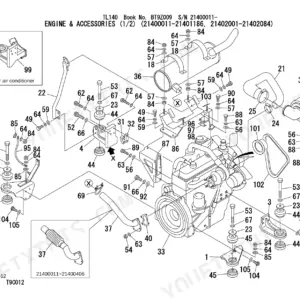 Takeuchi TL140 exploded view of engine and accessories, including muffler, air cleaner, and engine mounting components.