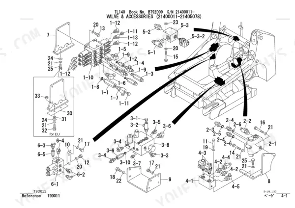 Takeuchi TL140 exploded view diagram of hydraulic valve and accessories, including fittings, blocks, and mounting hardware.