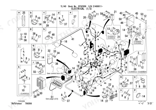 Takeuchi TL140 electrical system wiring harness diagram showing component mounting hardware and cable routing paths.