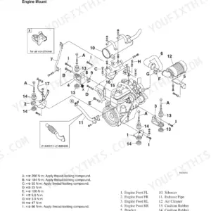 Takeuchi TL140 Crawler Loader exploded view of engine mount system, components, and torque specifications.