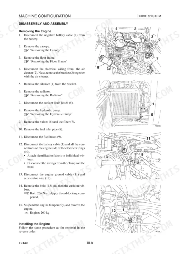 Takeuchi TL140, TL140 Crawler Loader, Crawler Loader engine removal and installation procedure diagrams and steps.