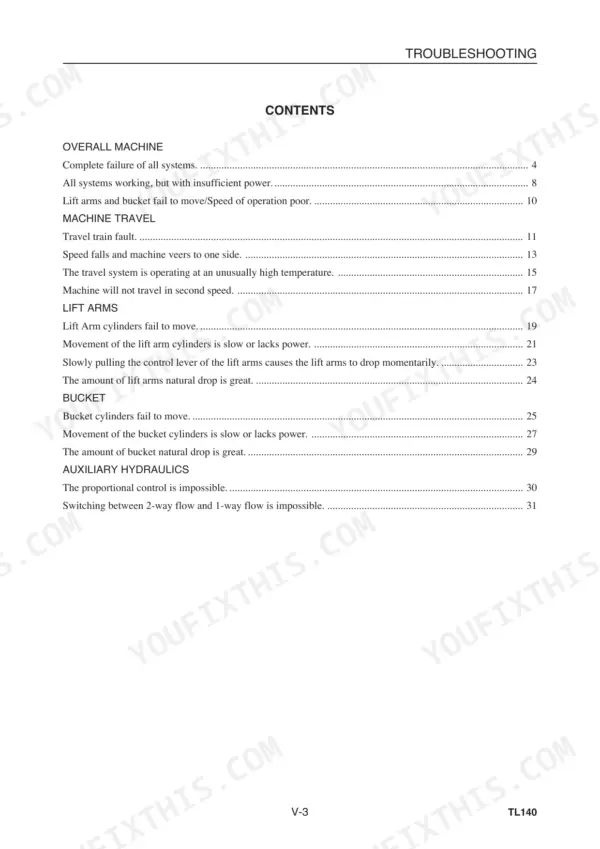 Takeuchi TL140, TL140 Crawler Loader, Crawler Loader troubleshooting contents page for machine, travel, lift, and bucket.