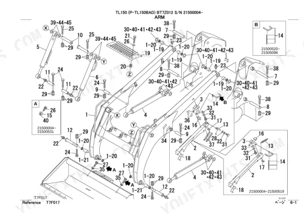 Takeuchi TL150 exploded view diagram of the loader arm assembly, showing hydraulic cylinders, pins, and hardware components.