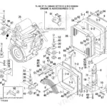Takeuchi TL150 exploded view of engine, radiator, cooling fan shroud, and mounting accessories with parts reference numbers.
