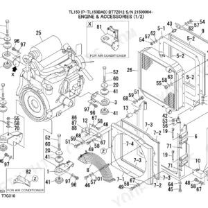 Takeuchi TL150 exploded view of engine, radiator, cooling fan shroud, and mounting accessories with parts reference numbers.