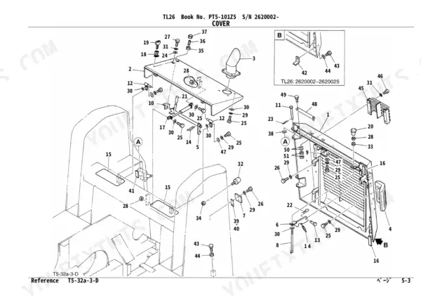 Takeuchi TL26 exploded view diagram of the rear engine cover, radiator grille, and mounting hardware components.