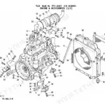 Takeuchi TL26 exploded view of engine, radiator, muffler, and mounting accessories with numbered parts list reference.