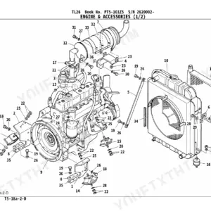 Takeuchi TL26 exploded view of engine, radiator, muffler, and mounting accessories with numbered parts list reference.