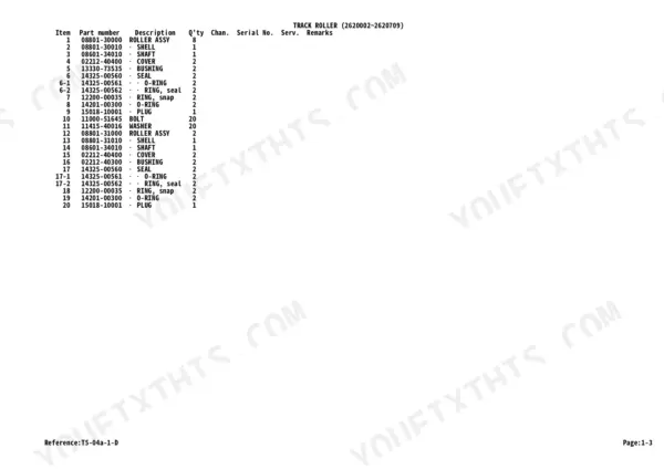 Takeuchi TL26 parts list for track roller assembly, including part numbers for shells, shafts, seals, and O-rings.