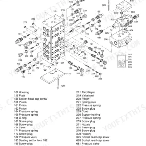 Terex Atlas 1305, 1505, 1605, 1705 exploded view diagram of the 1305 control block assembly with numbered component parts list.