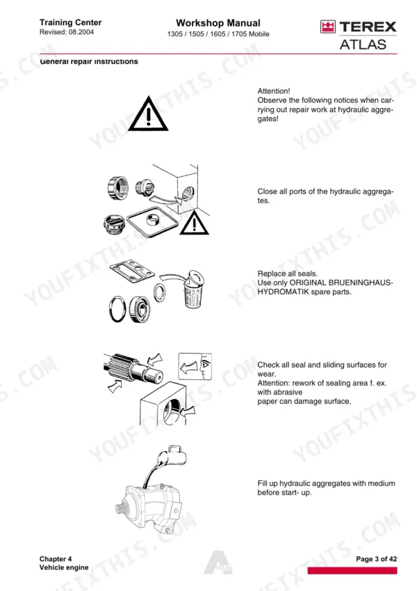 Terex Atlas 1305, 1505, 1605, 1705 workshop manual: general repair instructions for hydraulic aggregates and seals.
