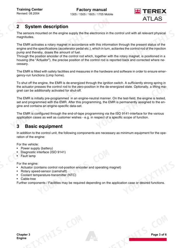 Terex Atlas 1305, 1505, 1605, 1705 manual page describing EMR system operation, actuator functions, and basic engine equipment.
