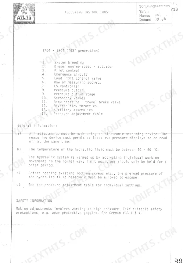 Terex Atlas workshop manual hydraulic system pressure adjustment instructions.