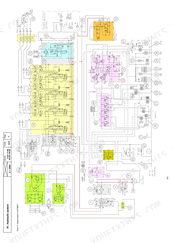 Valtra M and T Series hydraulic system schematic diagram showing valves and pumps.