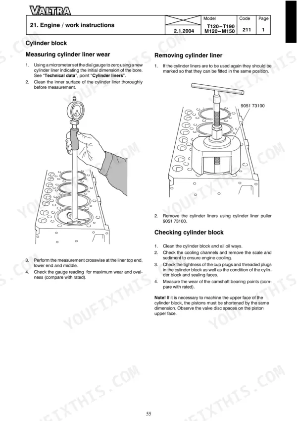Valtra M and T Series engine cylinder block liner measurement and removal procedures.
