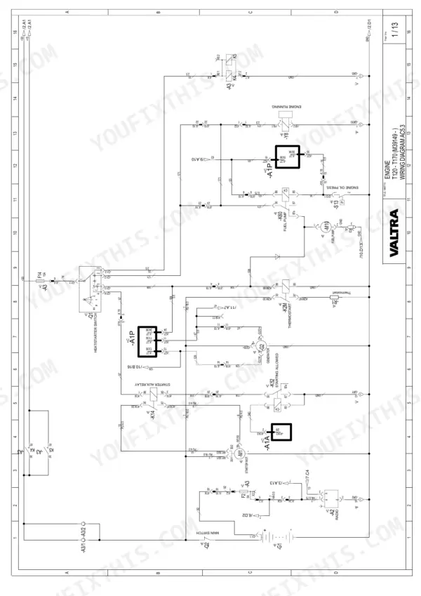 Valtra M and T Series engine wiring diagram AC5.3 showing starter and fuel pump circuits.