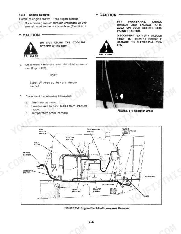Versatile 256, 276, 276 II, Bidirectional Tractors engine removal procedure, radiator drain, and electrical harness diagram.