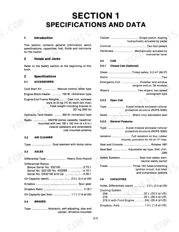 Versatile 256, 276, 276 II, Bidirectional Tractors specifications table covering accessories, axles, brakes, cab, and capacities.
