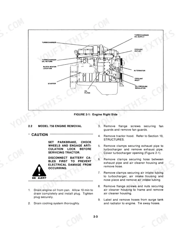 Versatile 756, 836, 856, 876, 936, 956, 976, Designation 6 Tractor, B7E engine right side diagram and removal procedure.
