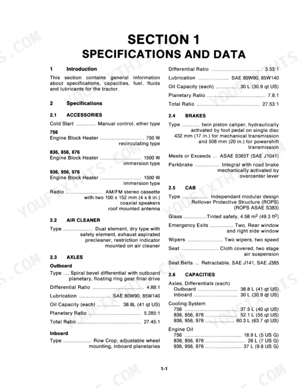Versatile 756, 836, 856, 876, 936, 956, 976, Designation 6 Tractor, B7E specifications table for accessories, axles, and brakes.