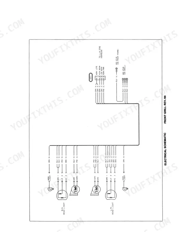 Versatile 756-976 Tractor, B7E electrical schematic for front grill wiring, showing head light, work light, and horn connections.