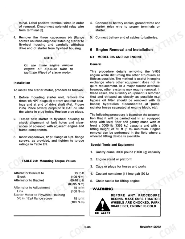 Versatile 835, 855, 875, 895, 935, 950 starter installation, engine removal procedures, and mounting torque values table.