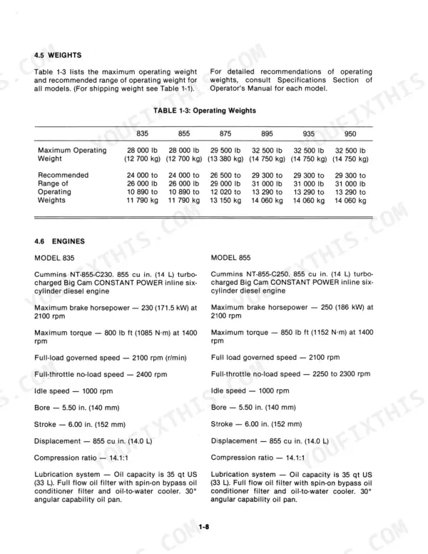 Versatile 835, 855, 875, 895, 935, 950 operating weights table and Cummins engine specifications for models 835 and 855.