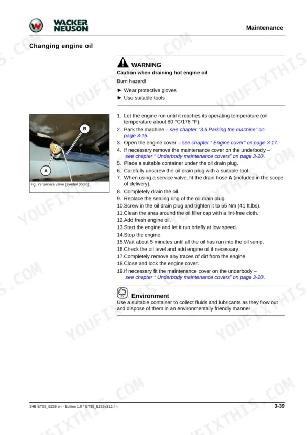 Wacker Neuson ET35, EZ36 engine oil change procedure, service valve diagram, and torque specifications.