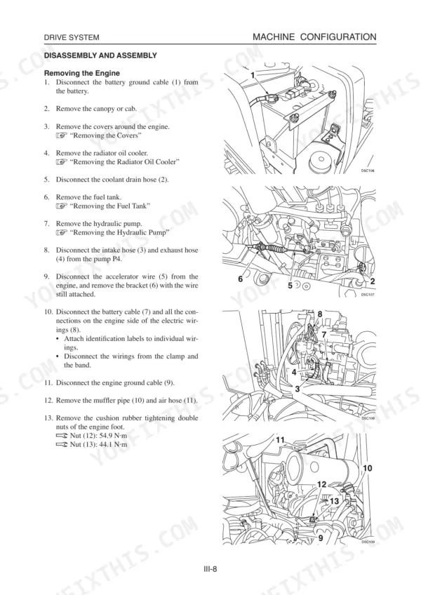 Takeuchi TB23R Compact Excavator, TB23R Compact Excavator engine removal procedure steps and component diagrams.