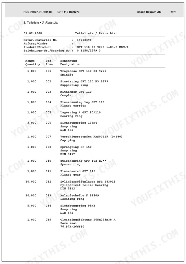 Bomag BC 672 RB, BC 772 RB, BC 772 RS parts list for Bosch Rexroth GFT 110 R3 9279 drive unit components.
