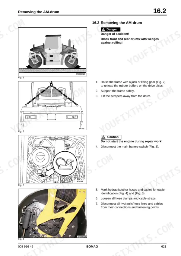 Bomag BW 174 AP-4 AM service manual procedure for removing the AM-drum, including lifting, battery disconnection, and hose removal.