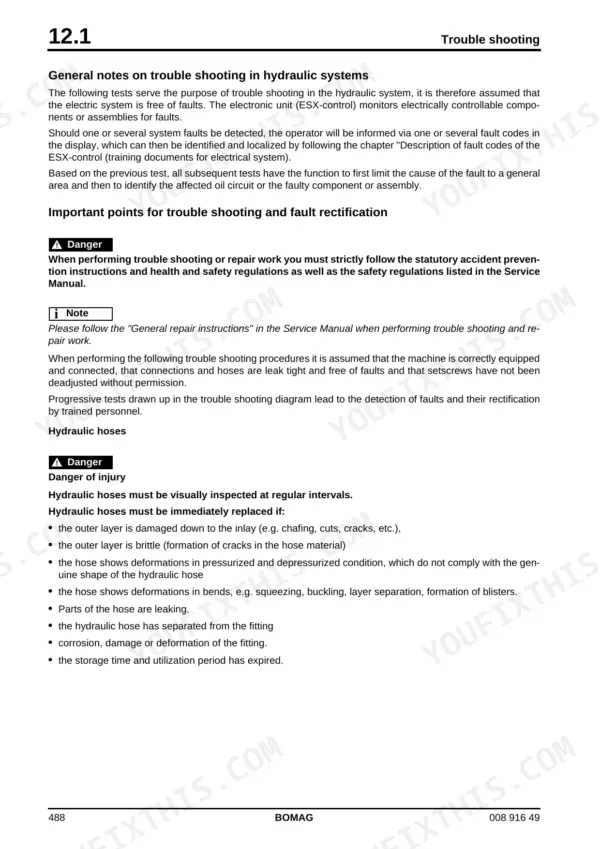 Bomag BW 174 AP-4 AM troubleshooting guide for hydraulic systems and hose inspection safety procedures.