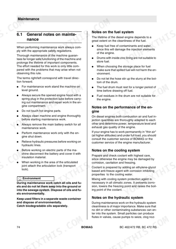 Bomag BC 462 RB, BC 472 RB, BC 472 RS maintenance manual page covering fuel, engine, cooling, and hydraulic system notes.