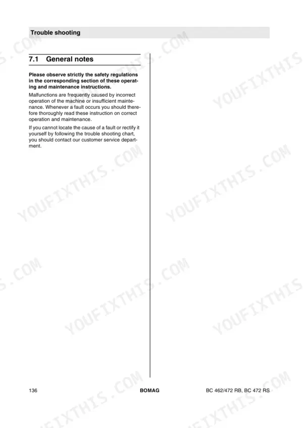 Bomag BC 462 RB, BC 472 RB, BC 472 RS troubleshooting manual page 136, general notes on safety and maintenance procedures.