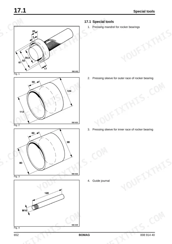 Bomag BW 216 DHC-4 engine rocker bearing special tools drawing showing pressing mandrel and sleeves