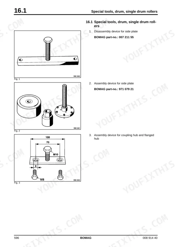 Bomag BW 216 DHC-4 single drum roller special tools drawing showing side plate disassembly and assembly devices