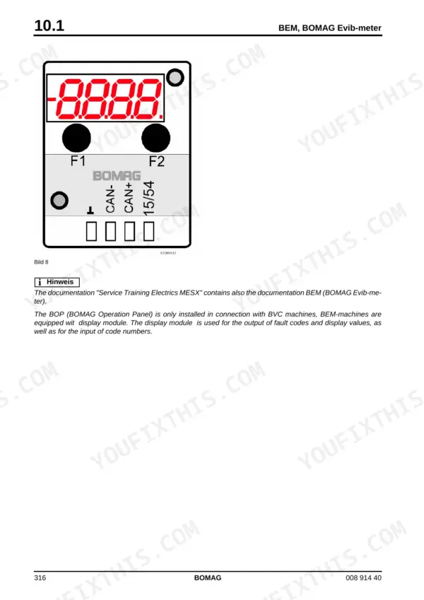 Bomag BW 216 DHC-4, BW 216 PDHC-4 diagram of the BEM Evib-meter display module showing F1, F2 buttons and pinout labels.