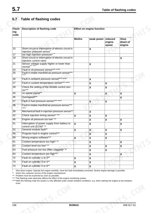 Bomag BM 1000/30-2, 1200/30-2, 1300/30-2 table of engine flashing codes.