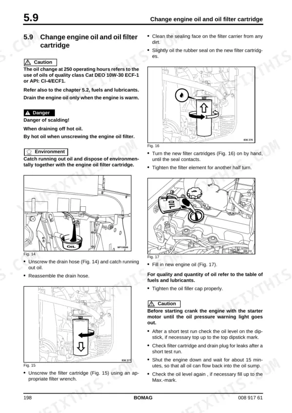 Bomag BM 1000/30-2, 1200/30-2, 1300/30-2 engine oil and filter change procedure.