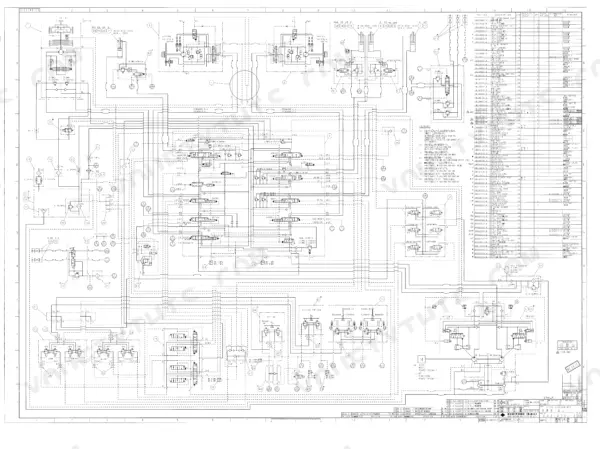Link-belt 210LX hydraulic system schematic diagram with component parts list and pressure specifications.