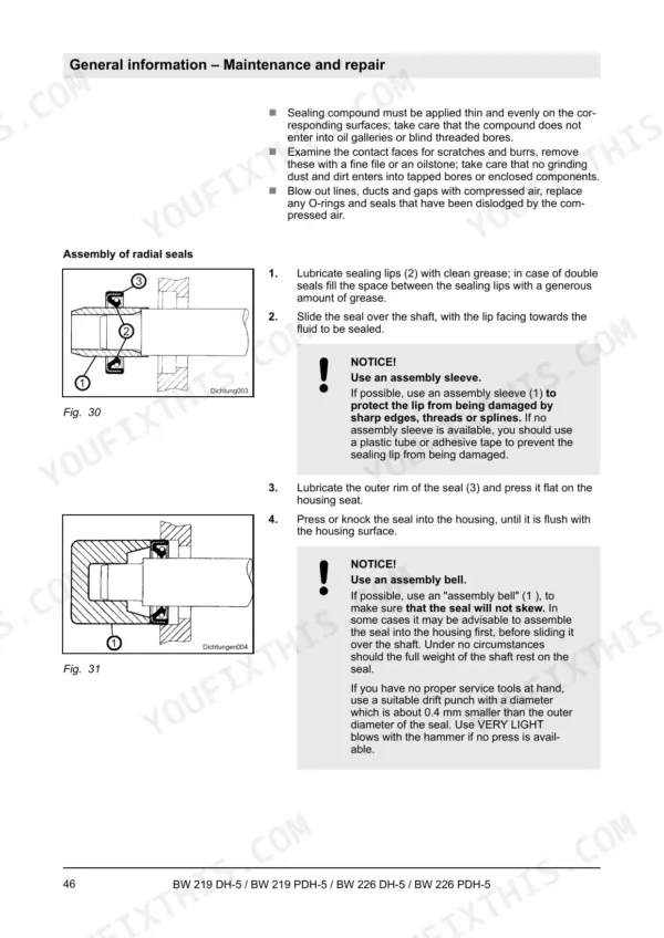 Bomag BW 219 DH-5, BW 219 PDH-5, BW 226 DH-5, BW 226 PDH-5 radial seal assembly procedures, diagrams, and installation instructions.