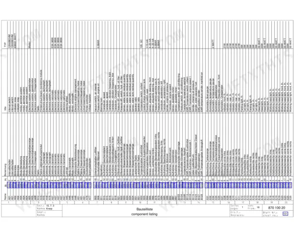 Bomag BW 170 AD, BW 174 AD component listing table showing electrical parts, sensors, and connectors.