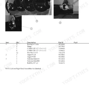 Bomag 113, 213, 313, 413 auger assembly parts list, showing bearing, auger, and universal joint components with item numbers.