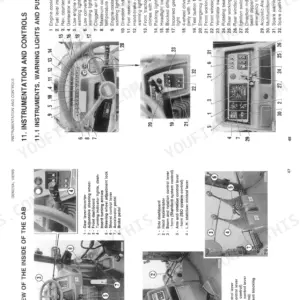 Komatsu 894, 898 operator manual page showing cab interior controls, dashboard instrumentation, warning lights, and push-buttons.