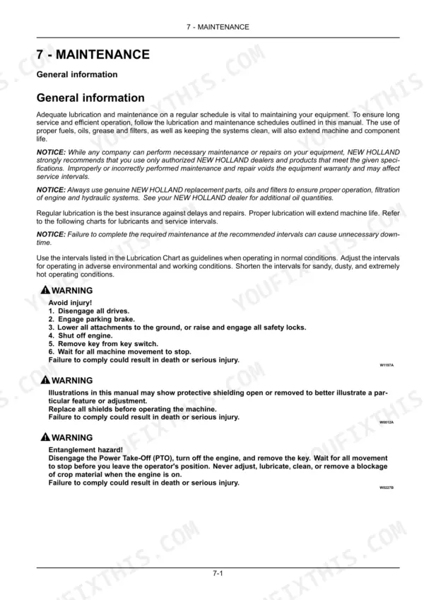 New Holland Boomer 45, Boomer 50, Boomer 55 maintenance manual page covering general lubrication and safety warning procedures.