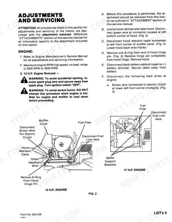 Ford LGT12–LGT18H service manual: Engine removal procedures and Fig. 2 diagram for 12 HP and 17 HP engine components.
