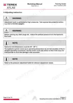 0e8ac38b-b-procedures-110 Terex Atlas 1504 LC, 1604 LC: Hydraulic system adjustment safety warnings, temperature requirements, and procedure notes.