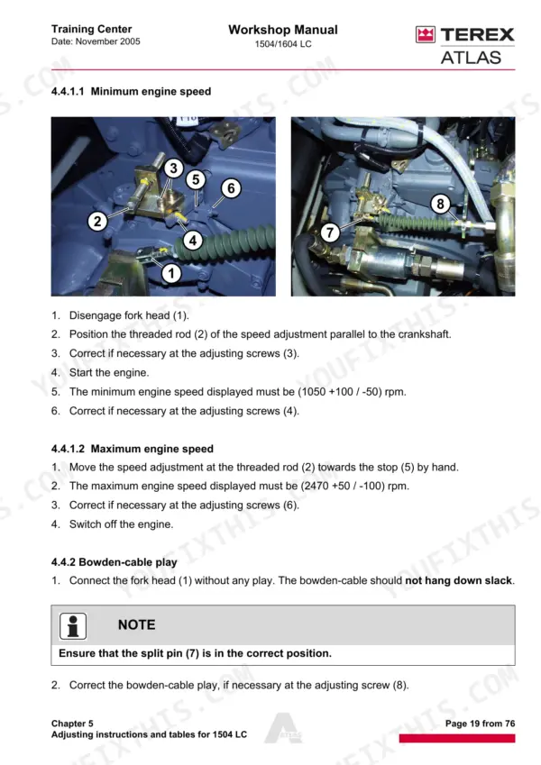 Terex Atlas 1504 LC, 1604 LC: Engine speed adjustment and Bowden-cable play procedure with numbered component diagrams.