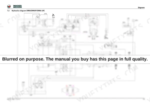 Wacker Neuson DW60, DW90, DW100, D18-01, D18-02, D18-03 hydraulic system diagram showing pumps, valves, and flow paths.